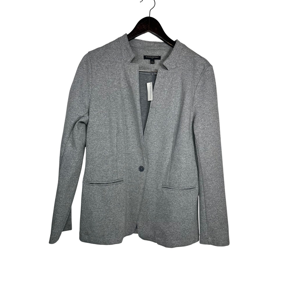 Banana Republic Knit Blazer‎ Large Grey Marl Stand Collar Dk Academia Minimalist